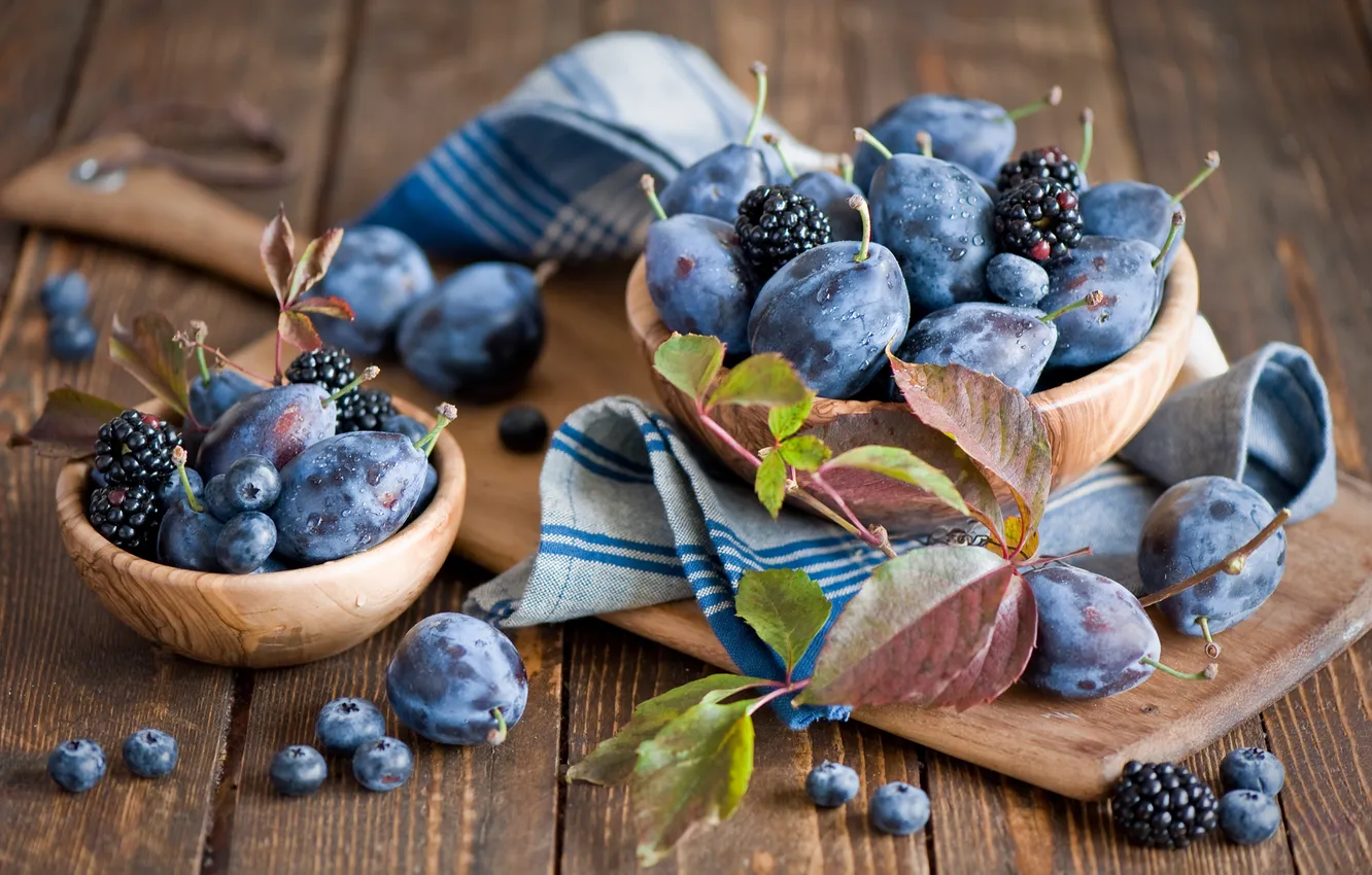 Photo wallpaper leaves, berries, blueberries, dishes, fruit, plum, BlackBerry, grape