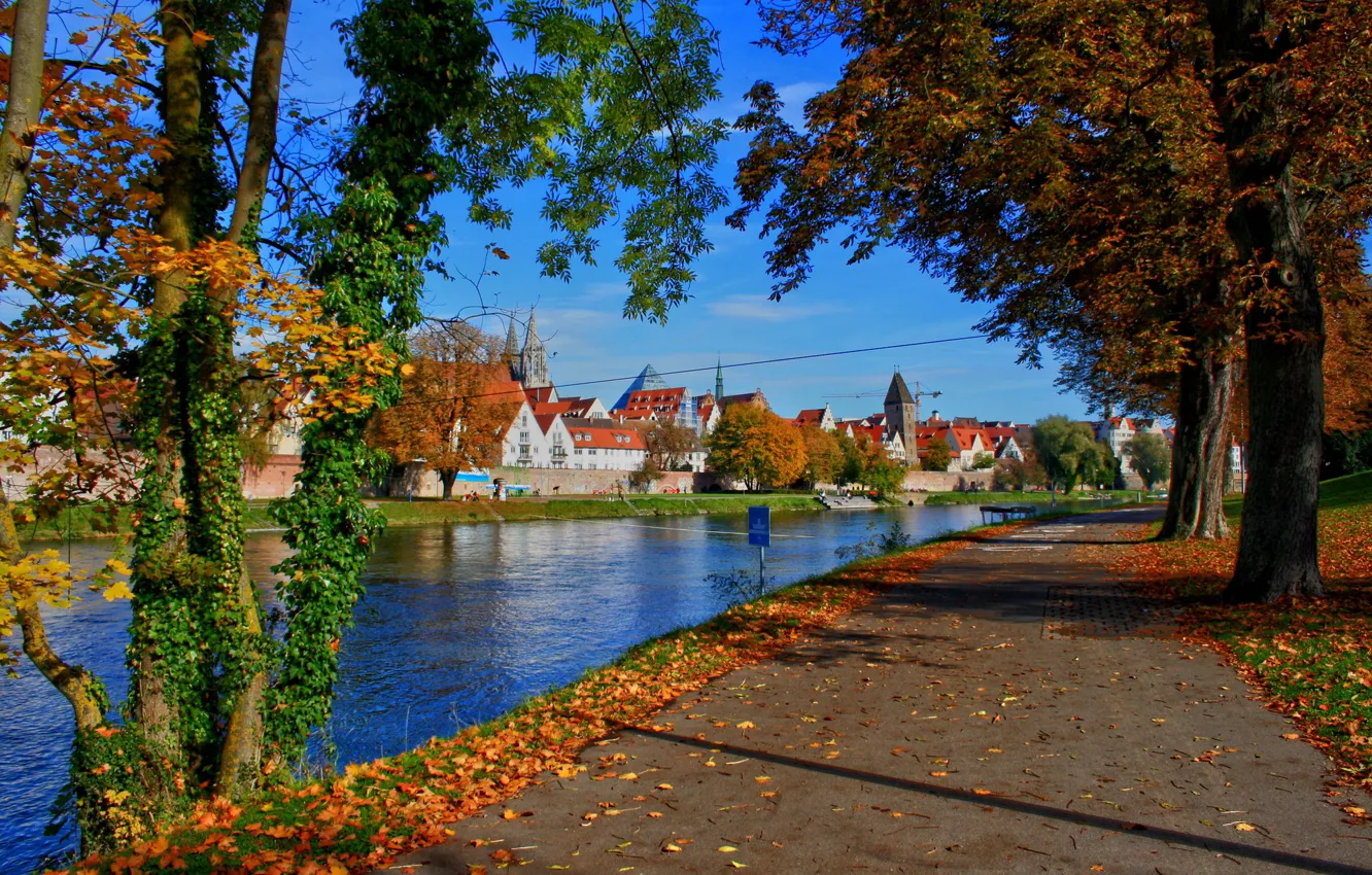 Photo wallpaper road, trees, the city, river, Germany, Bayern, Neu-Ulm