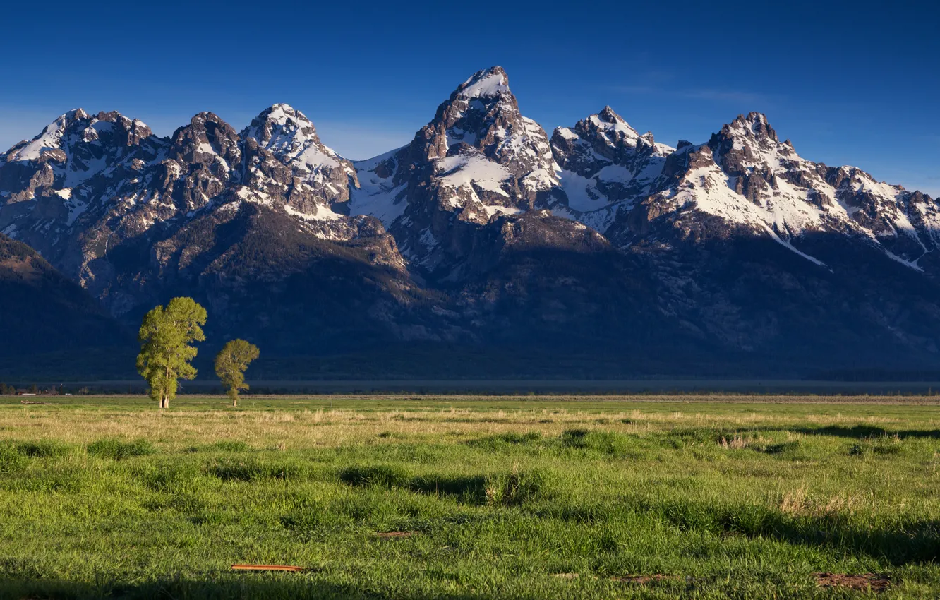Photo wallpaper field, snow, landscape, mountains, valley