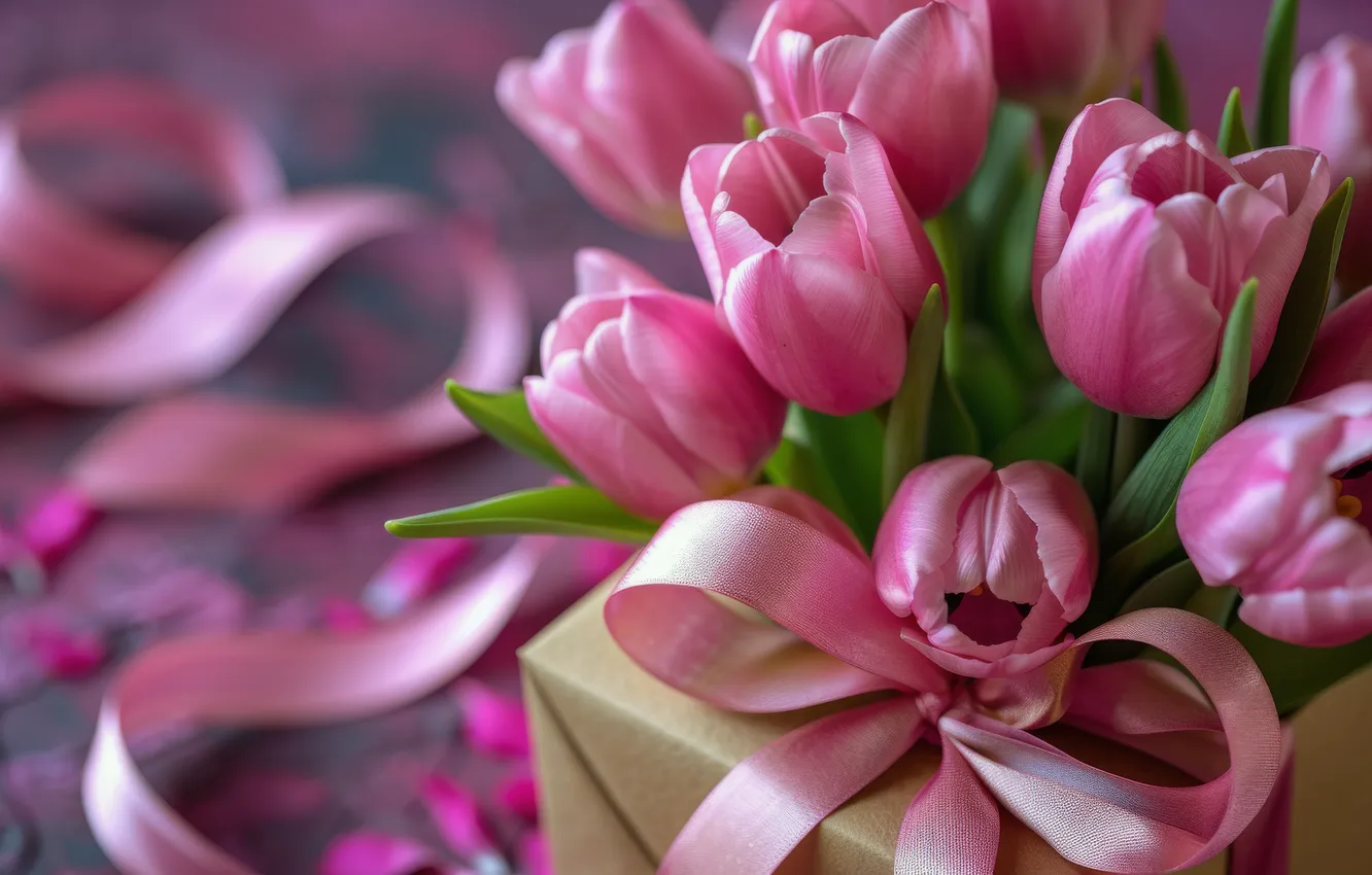 Photo wallpaper flowers, birthday, holiday, gift, bouquet, tape, tulips, pink