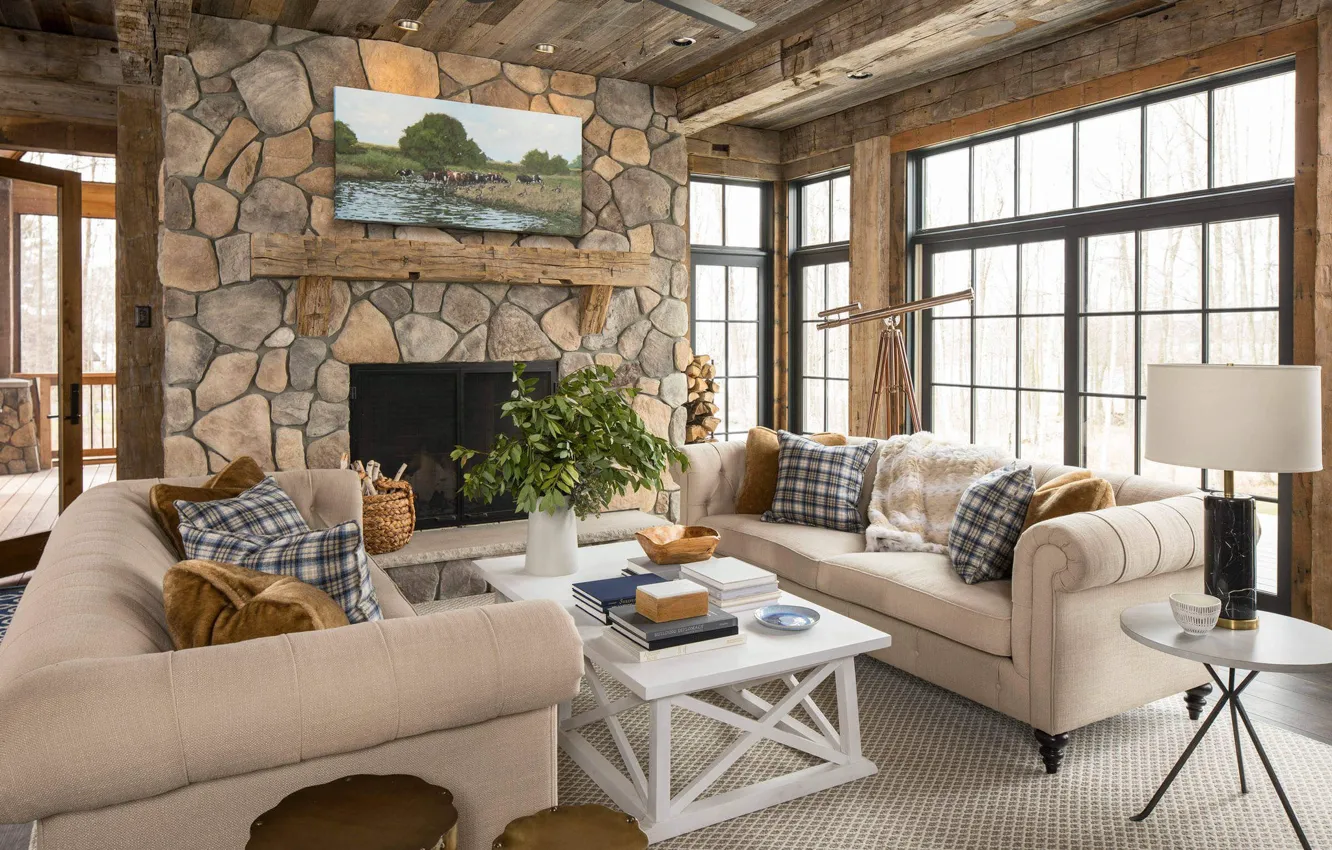 Photo wallpaper design, tree, stone, interior, fireplace, living room