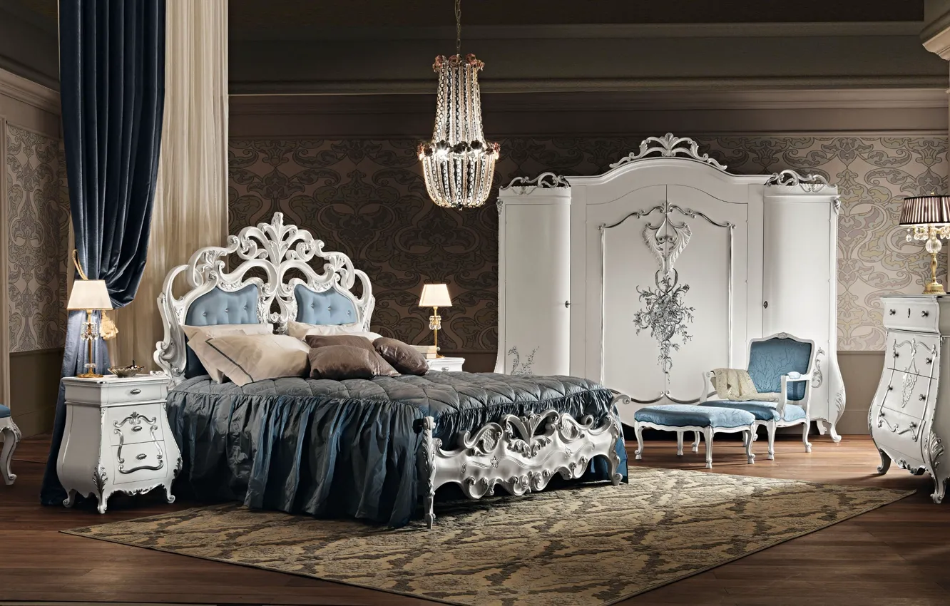 Photo wallpaper furniture, bed, interior, chandelier, bedroom
