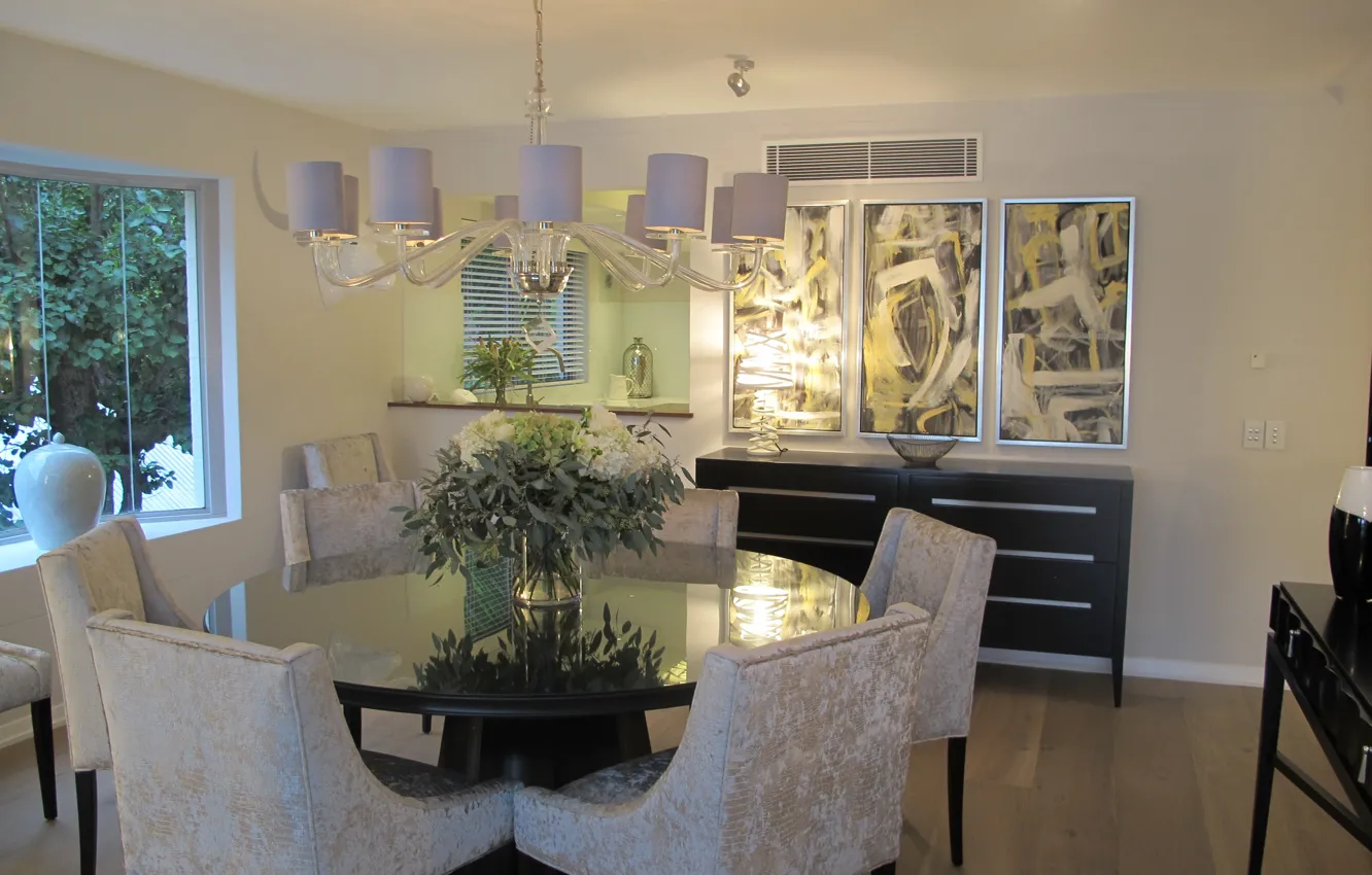 Photo wallpaper table, interior, chair, window, chandelier, dining room