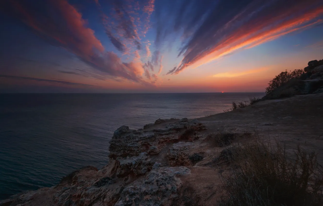 Photo wallpaper sea, clouds, Crimea, the sky, height, sunset