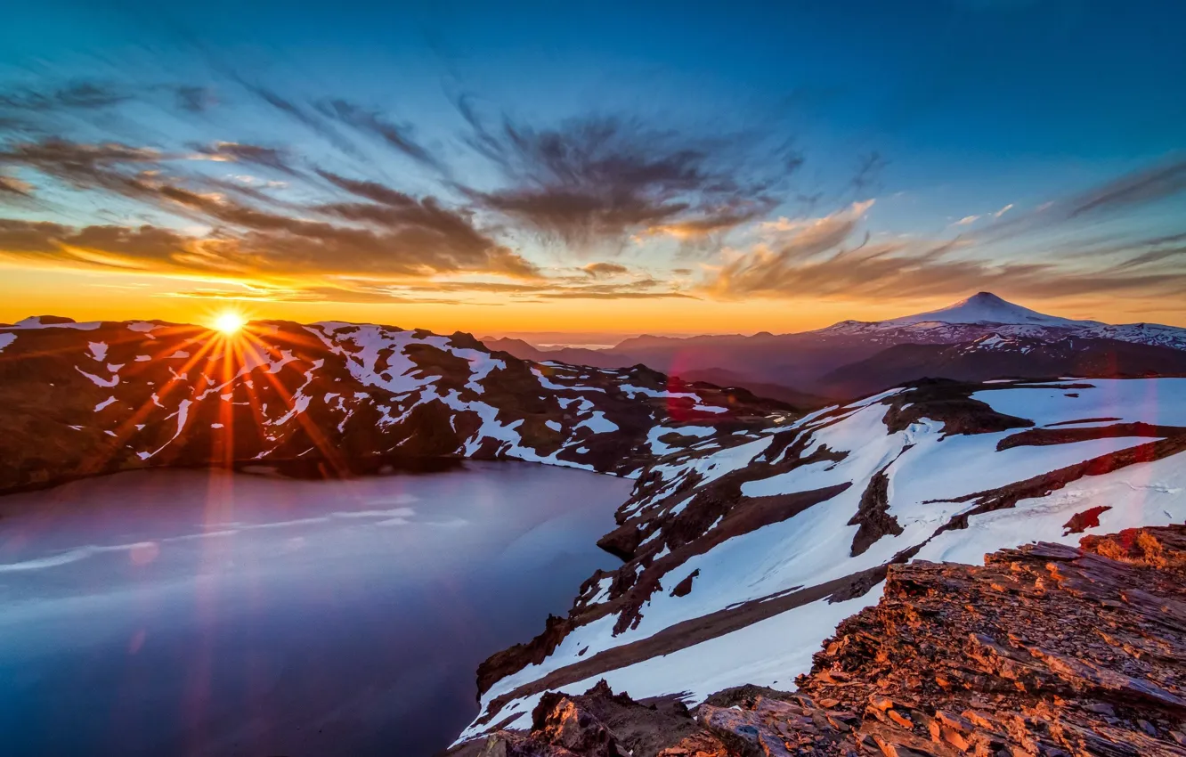 Photo wallpaper the sky, the sun, rays, snow, sunset, mountains, nature, lake