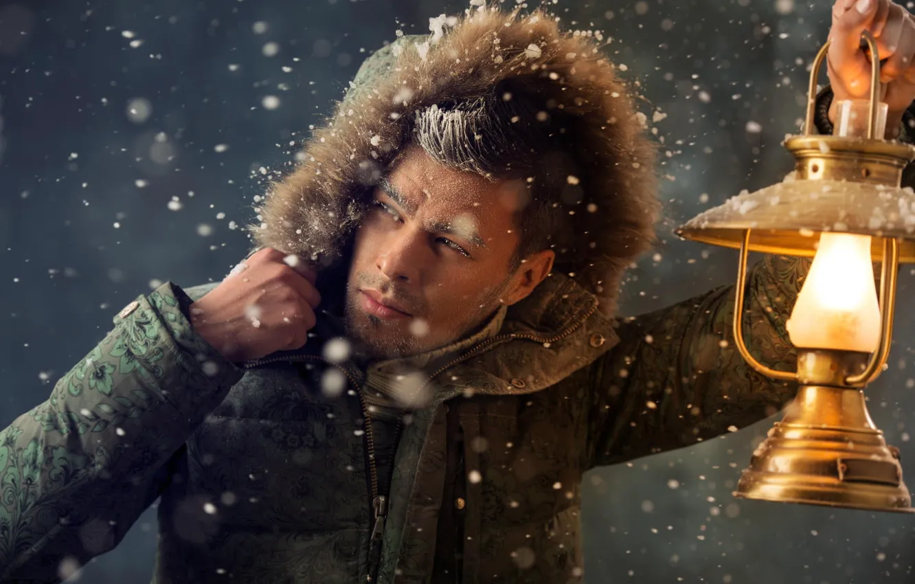 Photo wallpaper winter, frost, snow, lamp, jacket, hood, lantern, male