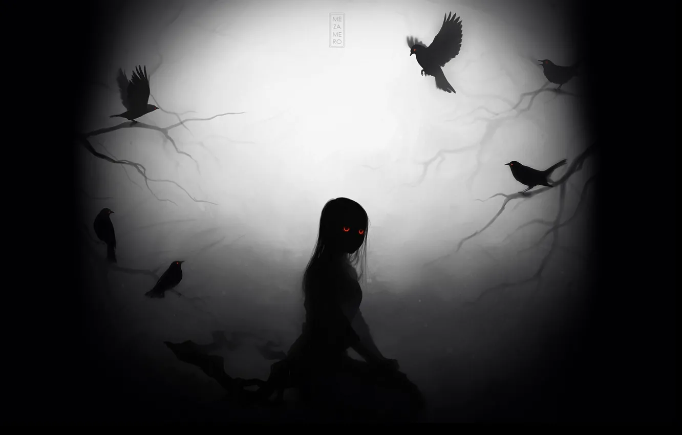 Photo wallpaper night, fear, darkness, something, the demon, crows, red eyes, art