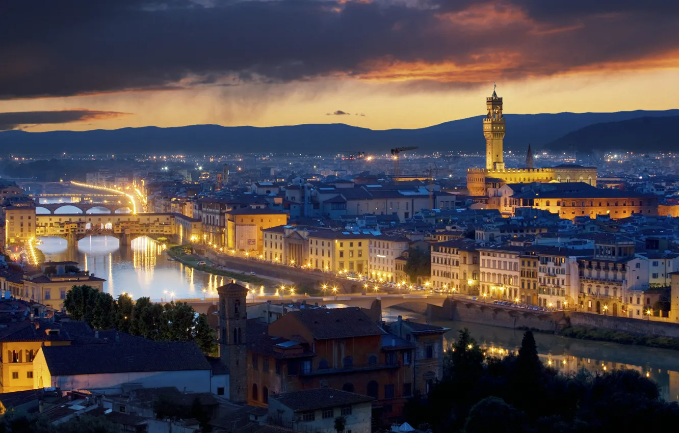 Photo wallpaper night, the city, lights, Italy, Florence, Italy, Florence, Palazzo Vecchio