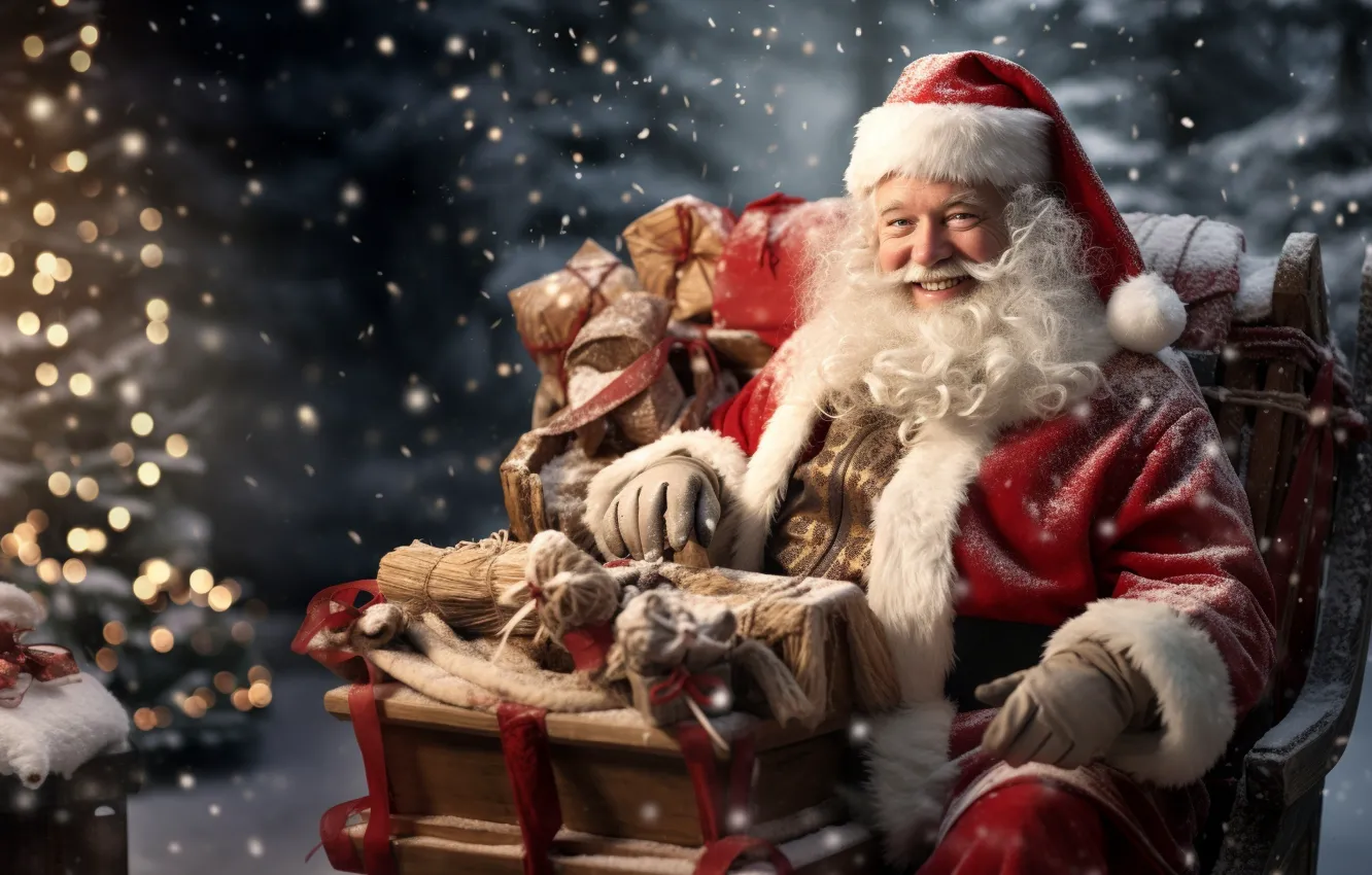 Photo wallpaper winter, snow, smile, holiday, new year, sleigh, Santa Claus, Santa Claus