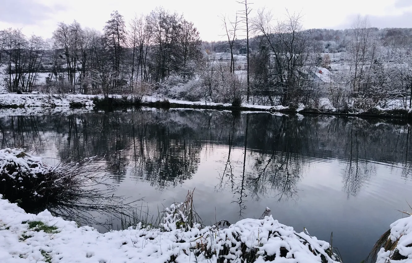 Photo wallpaper winter, the sky, water, snow, pond, winter trees