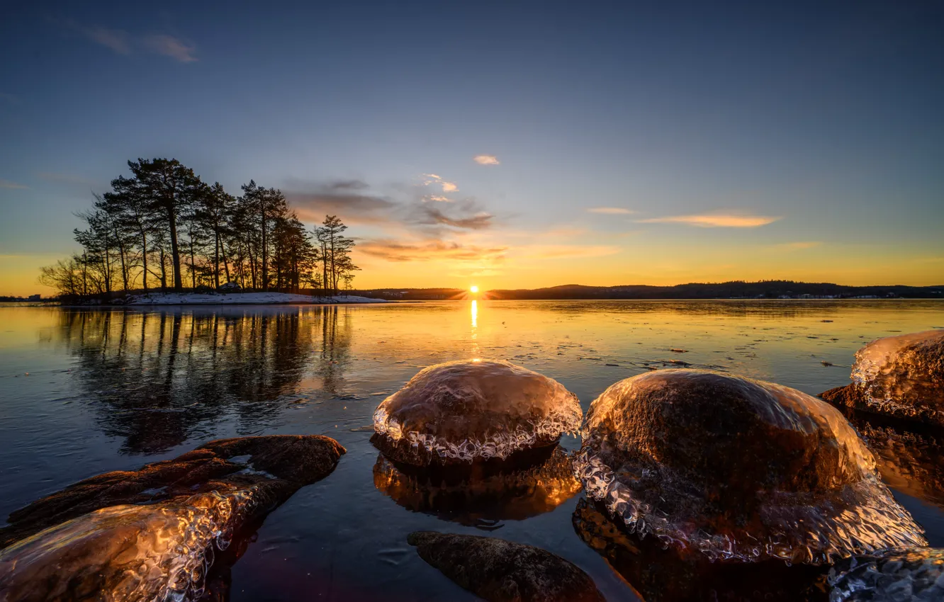 Photo wallpaper ice, the sky, the sun, clouds, light, trees, sunset, lake