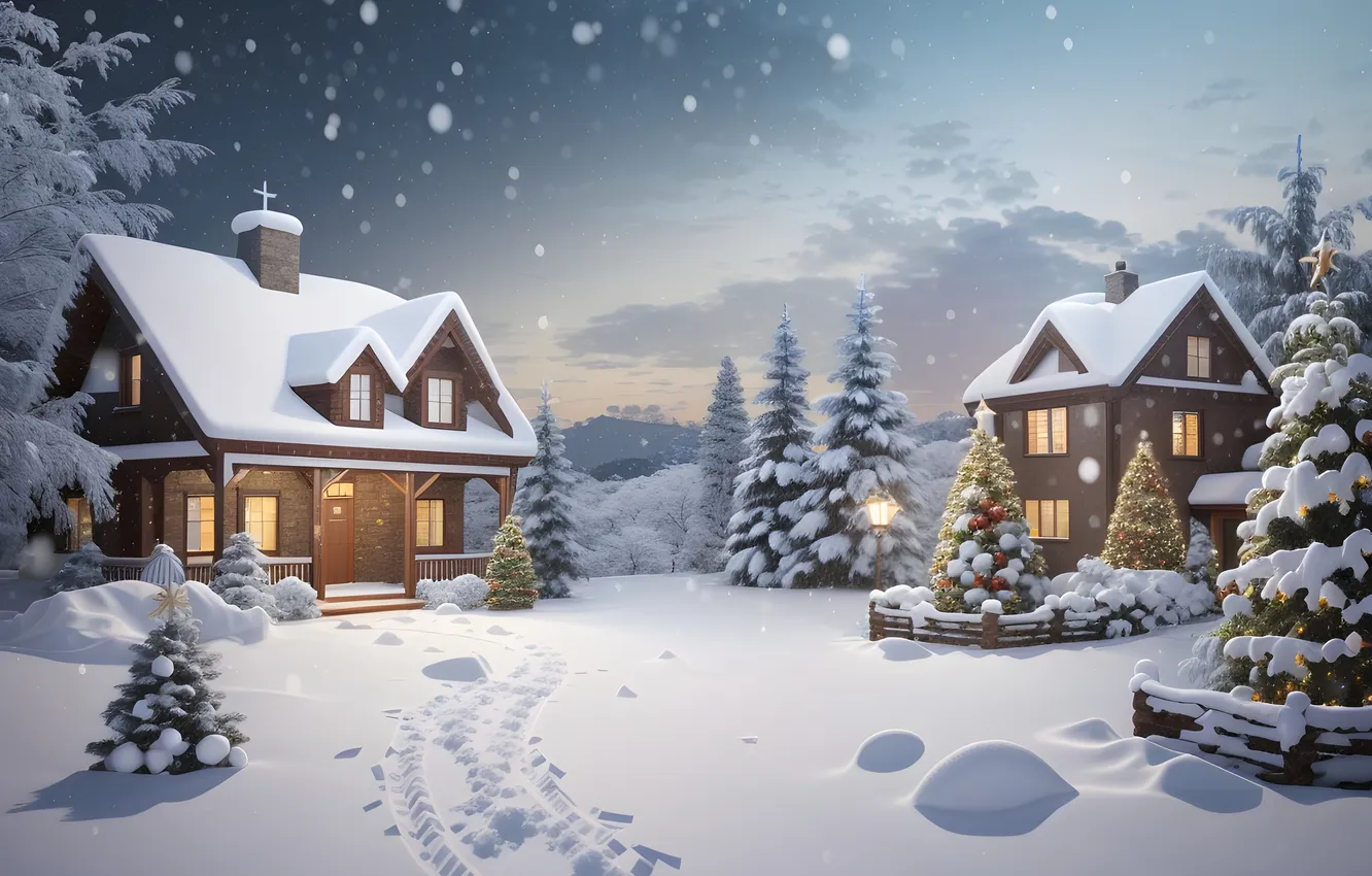 Photo wallpaper winter, snow, decoration, night, tree, new year, village, Christmas