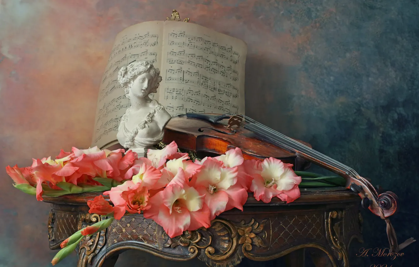 Photo wallpaper flowers, style, notes, background, violin, figurine, still life, gladiolus