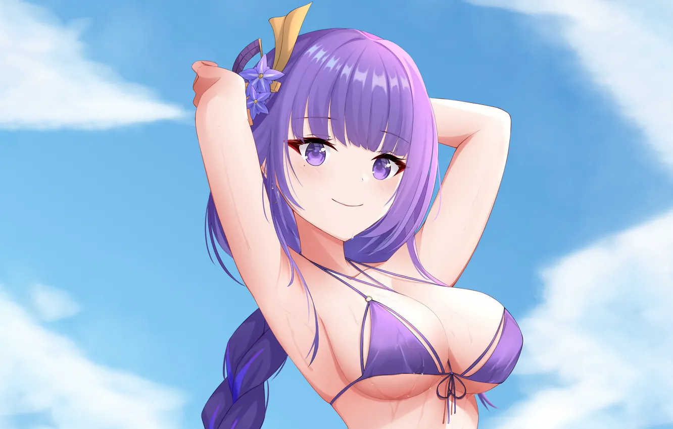 Photo wallpaper girl, sexy, wet, cleavage, sky, long hair, boobs, anime