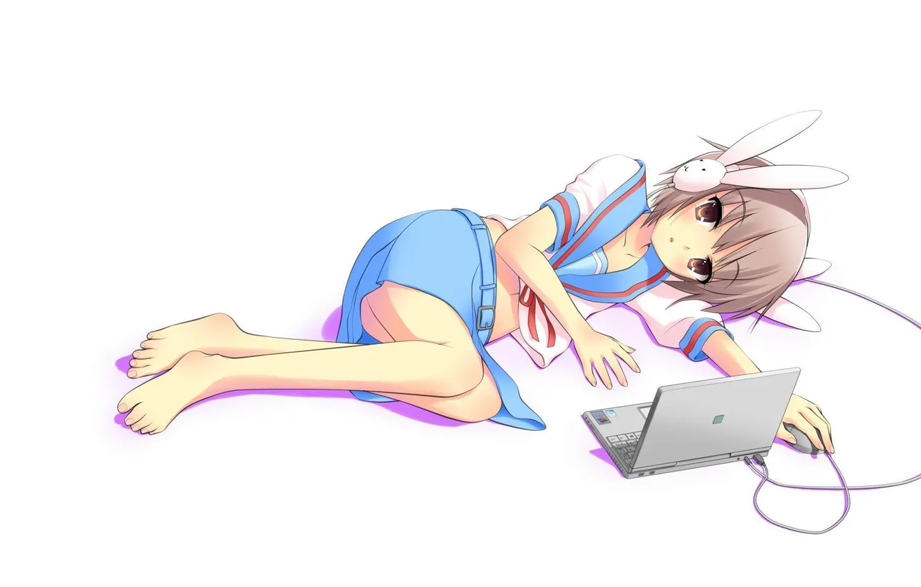 Photo wallpaper mood, anime, headphones, girl, laptop, nagato yuki