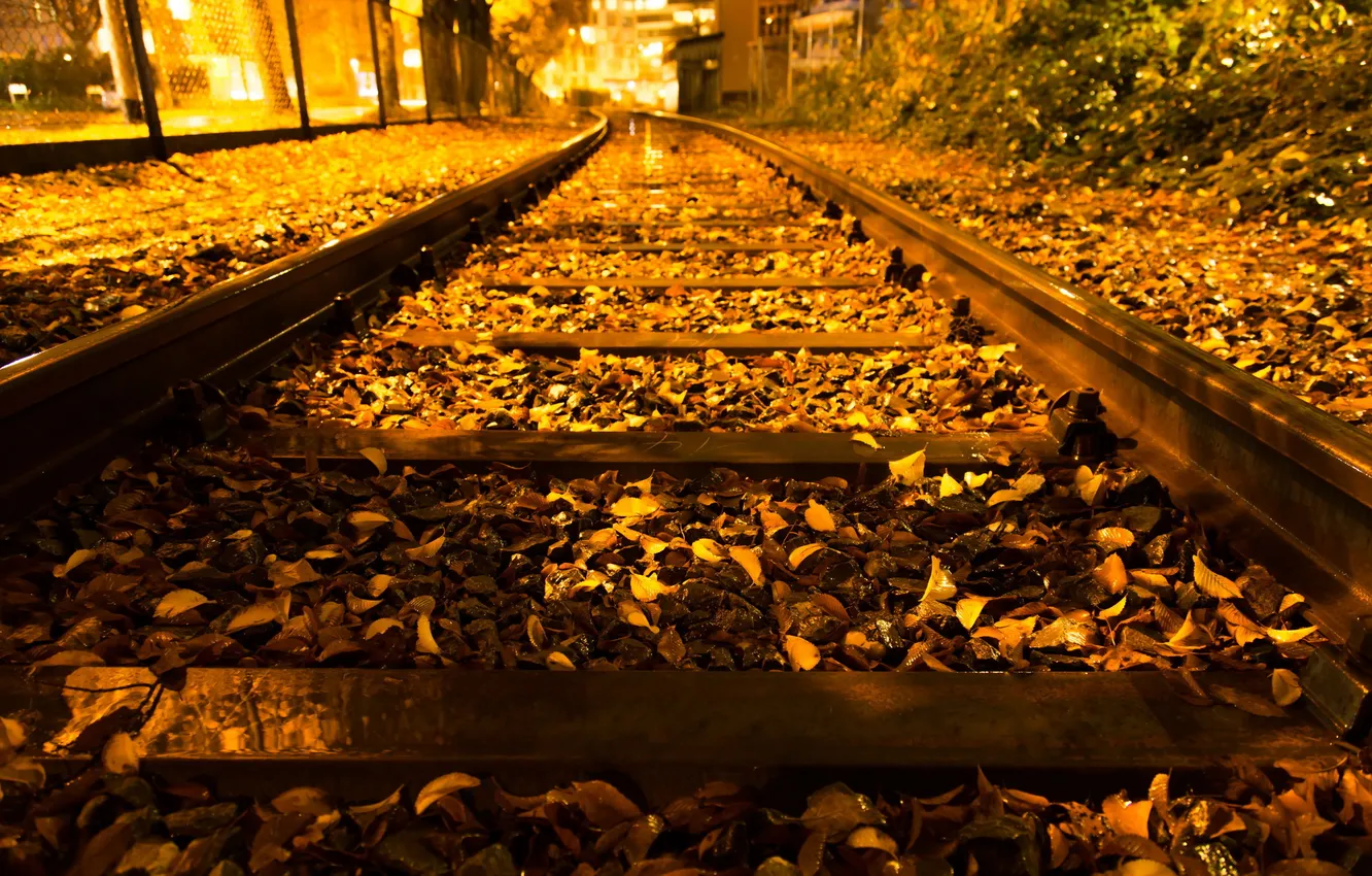Photo wallpaper autumn, night, the city, railroad