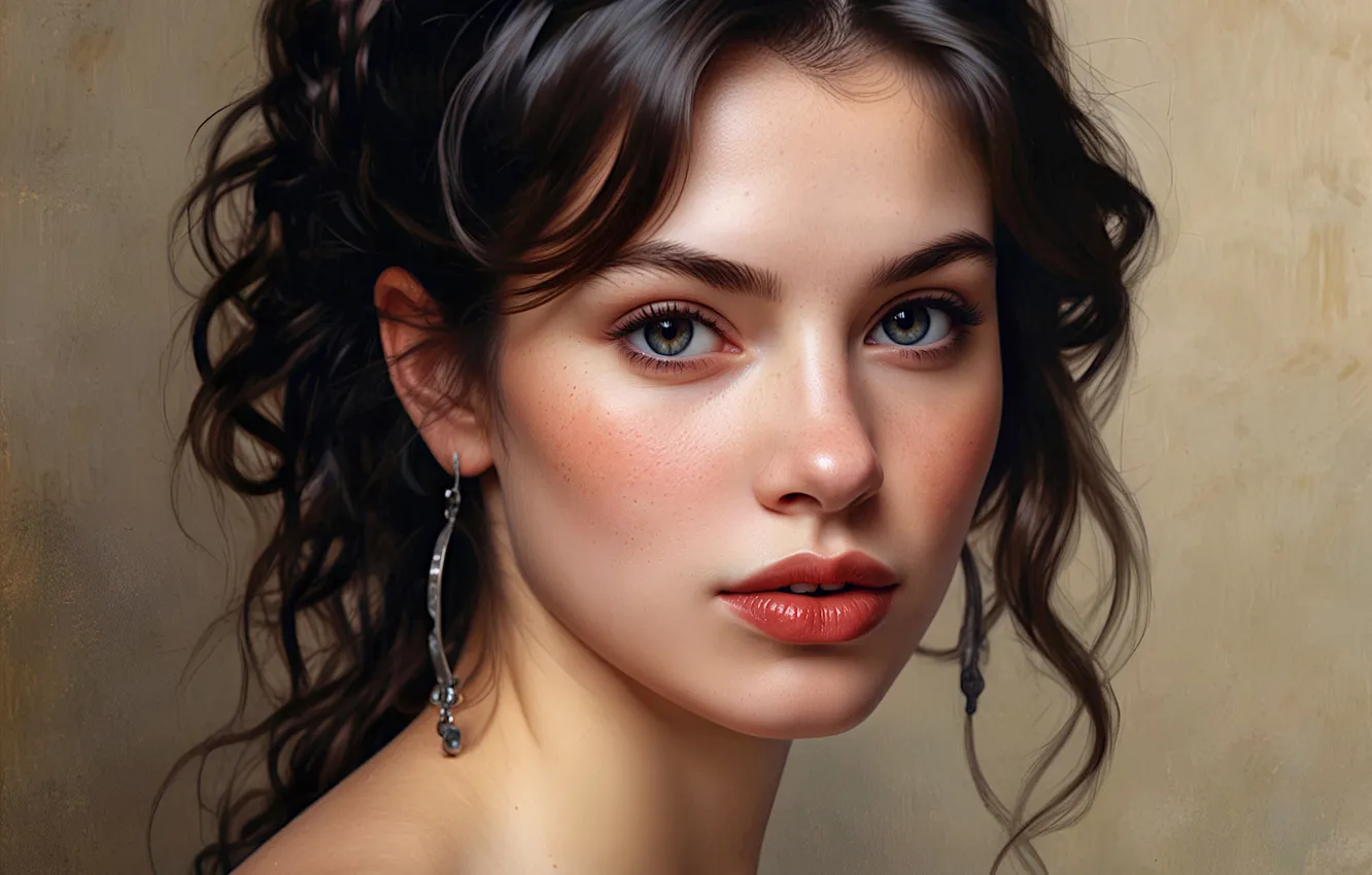 Photo wallpaper look, face, earrings, brunette, hairstyle, artificial intelligence