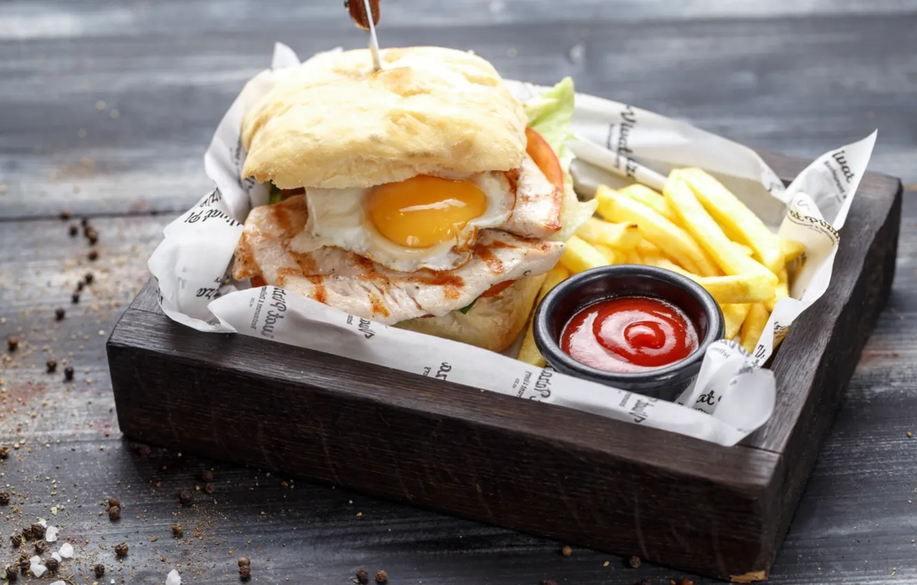 Photo wallpaper egg, sandwich, ketchup, French fries