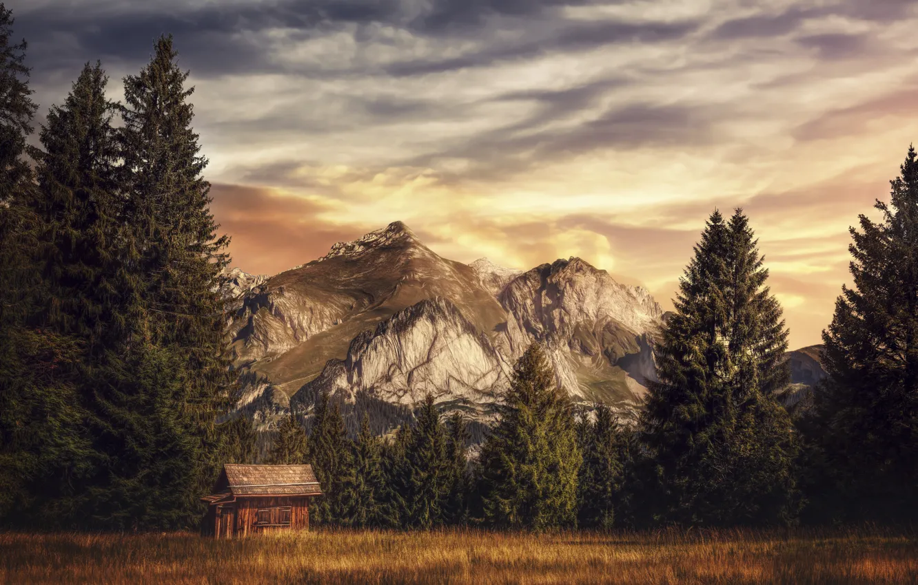 Photo wallpaper mountains, home, treatment, Country residence