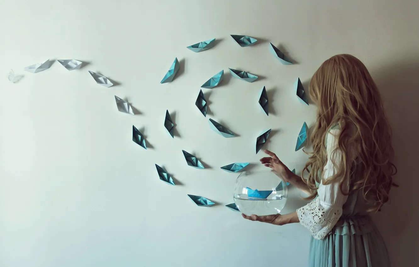 Photo wallpaper girl, background, boat