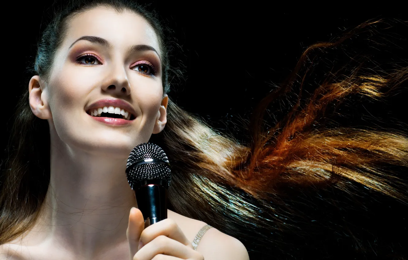 Photo wallpaper girl, hair, makeup, microphone