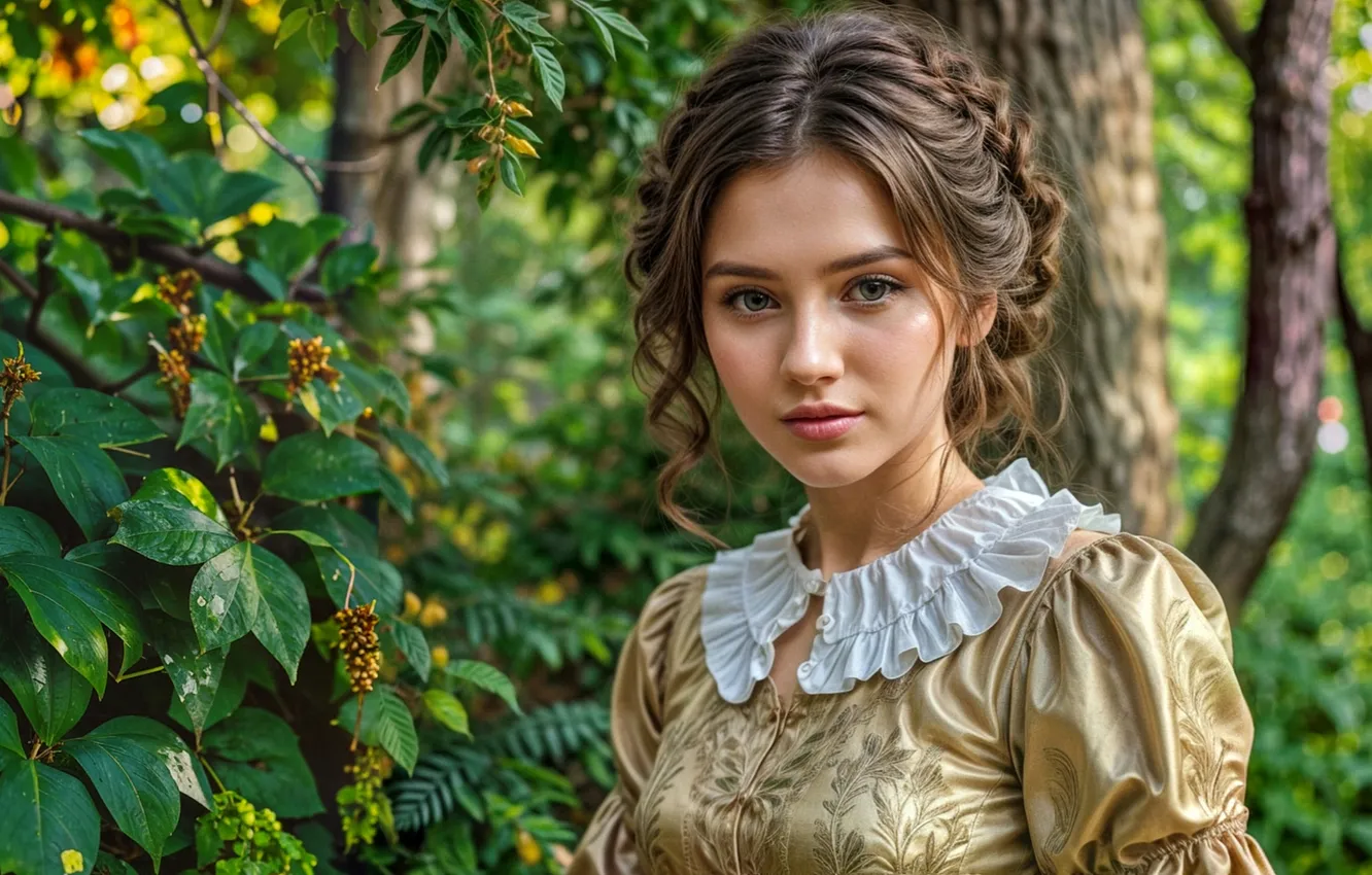 Photo wallpaper forest, look, girl, dress, brown hair, neural network