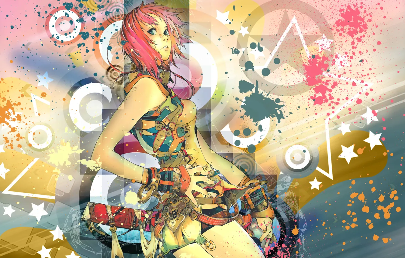 Photo wallpaper girl, stars, circles, paint, hair, spot, pink, bag