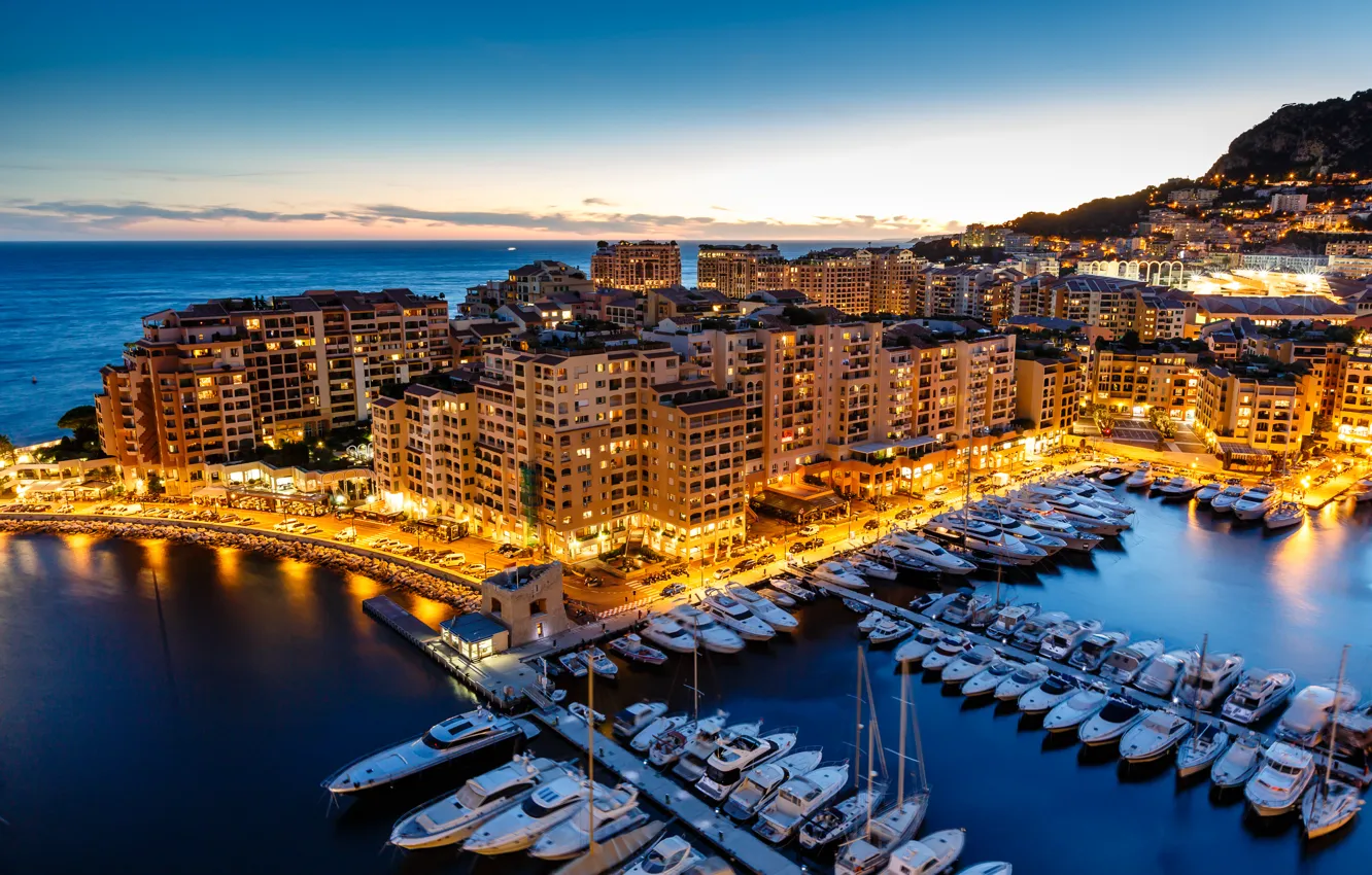 Photo wallpaper sea, the city, lights, building, home, yachts, the evening, Cote D'azur