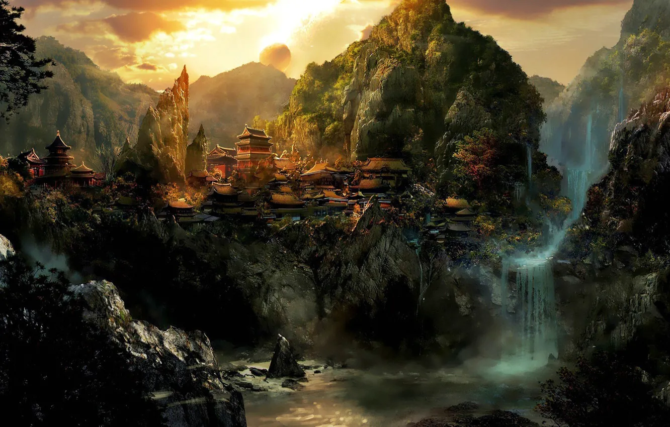 Photo wallpaper forest, mountains, dawn, Asia, waterfall, village, settlement, Frank Hong