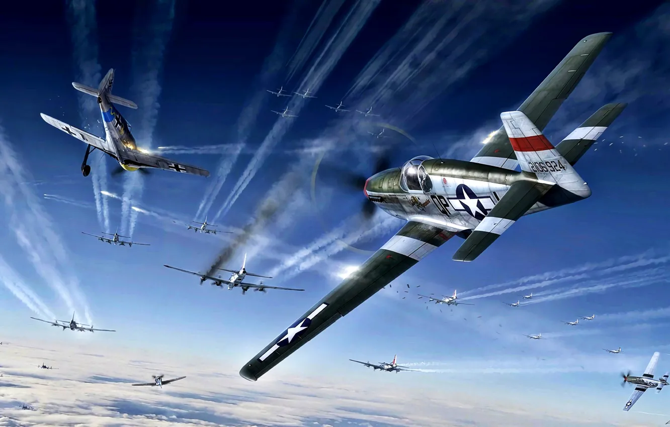 Photo wallpaper Mustang, P-51, B-17, The second World war, Fw.190A, War in the air, 4th FG, P-51B-15-NA