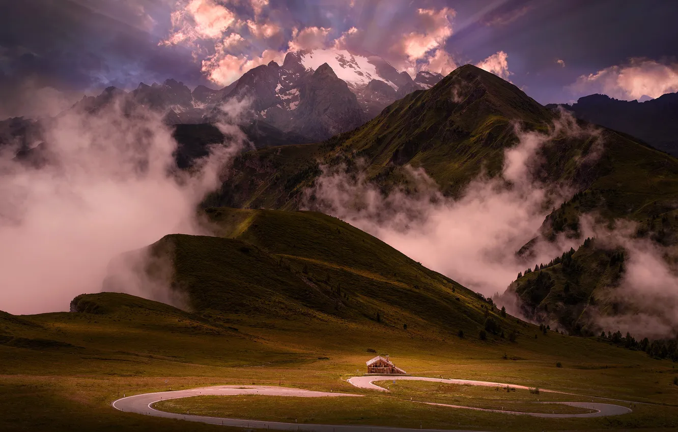 Photo wallpaper mountains, fog, house