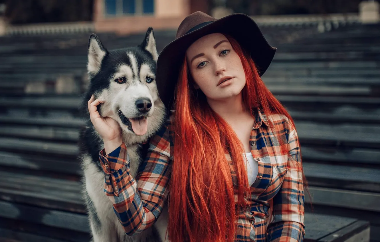 Photo wallpaper look, girl, dog, hat, red, redhead, long hair, husky
