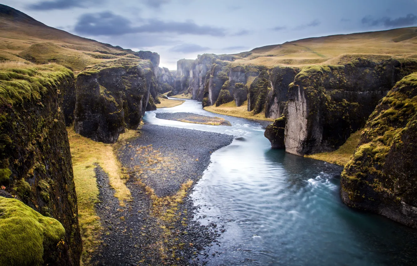 Photo wallpaper river, autumn, mountains, canyon, Iceland