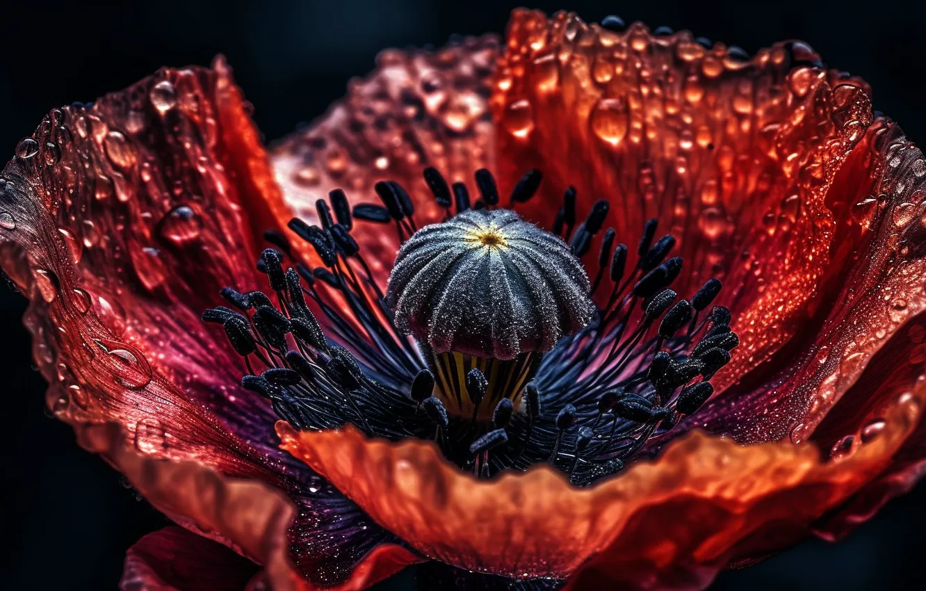 Photo wallpaper water, drops, light, flowers, red, Rosa, Mac, Maki