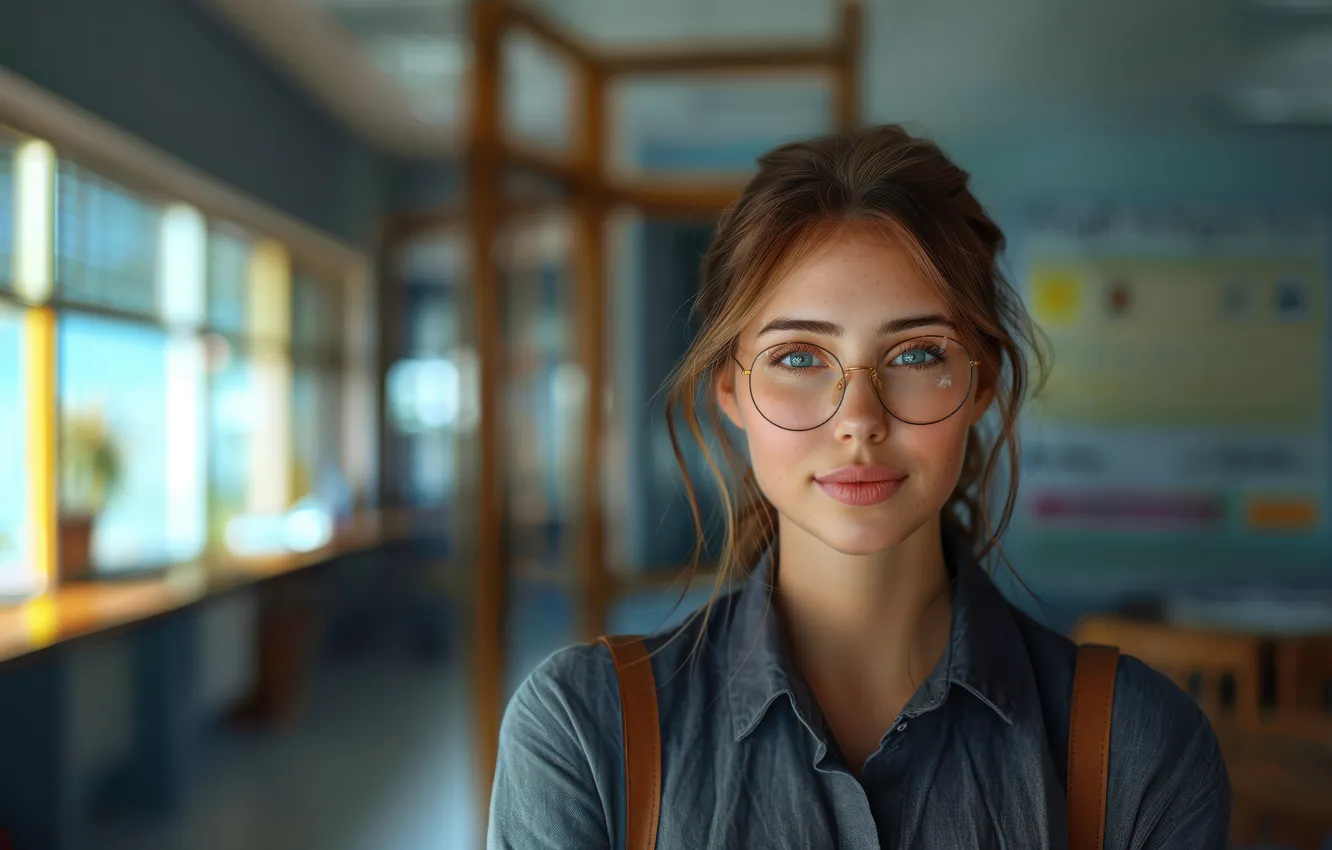 Photo wallpaper look, girl, face, smile, wall, portrait, window, glasses