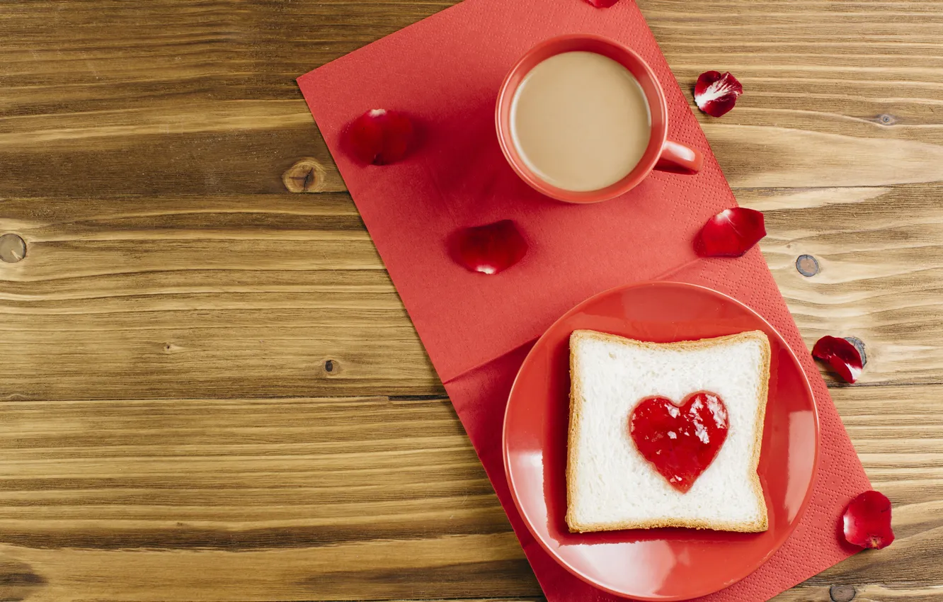 Photo wallpaper coffee, petals, heart, jam, toast, jam, toast