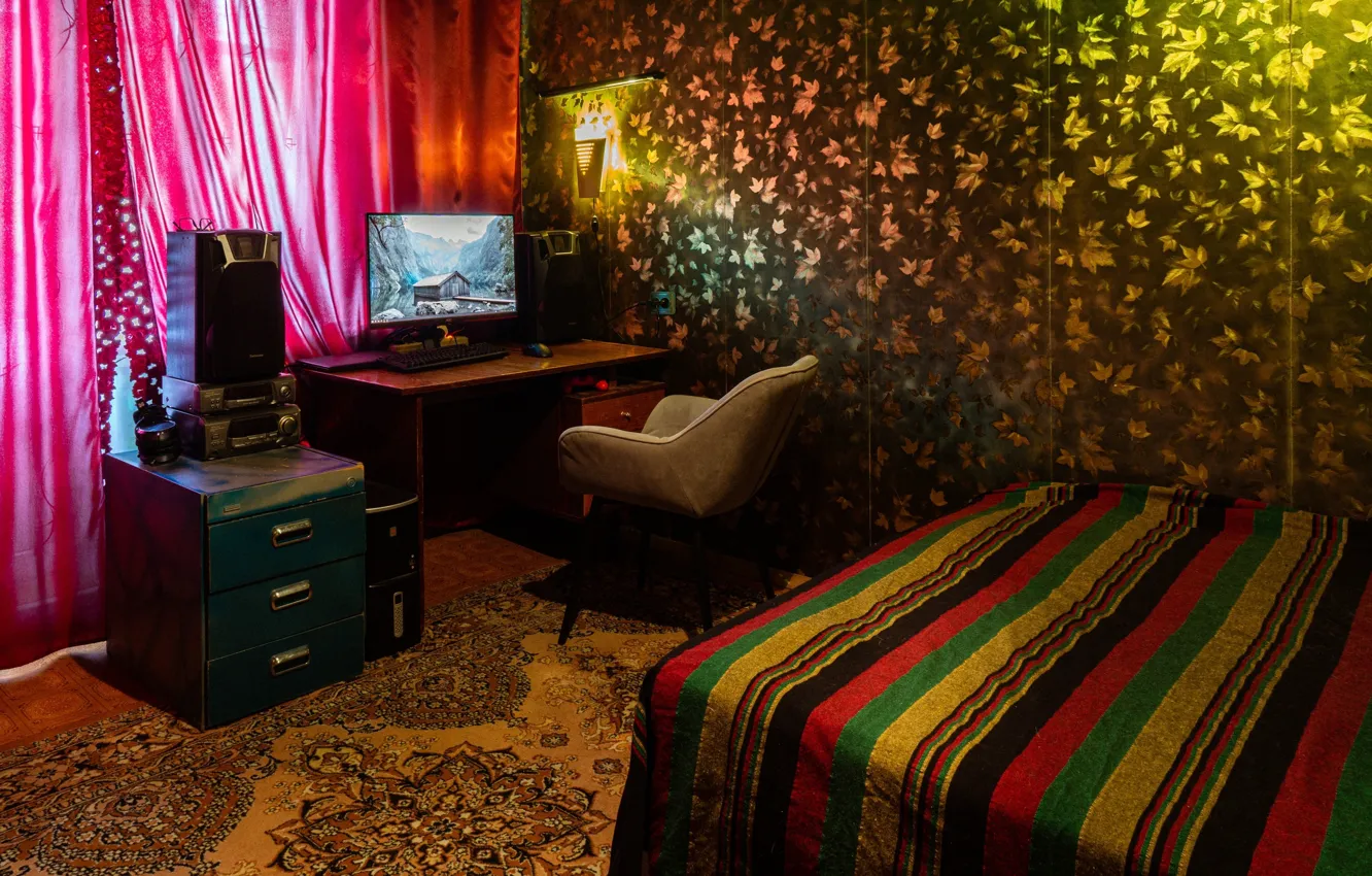 Photo wallpaper room, bed, plaid, bedroom, cozy