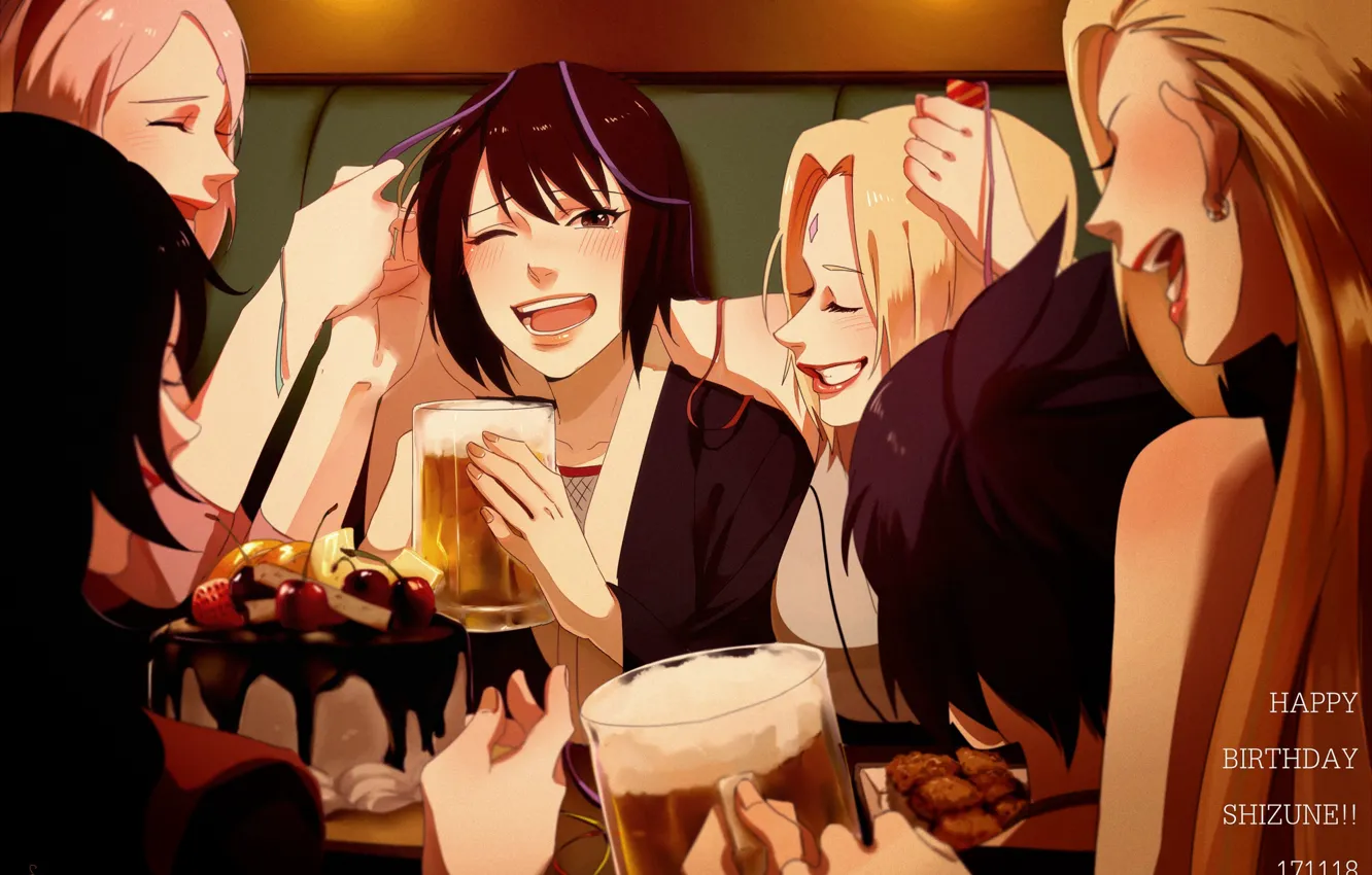 Photo wallpaper girls, beer, cake, Naruto, Boruto