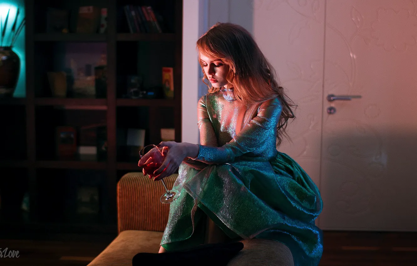 Photo wallpaper girl, room, mood, model, glass, dress, the door, beauty