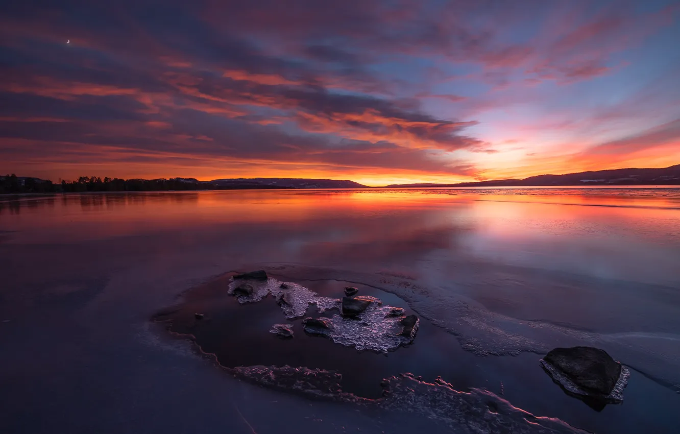 Photo wallpaper ice, winter, the sky, sunset, lake, Norway, Norway, Ole Henrik Skjelstad
