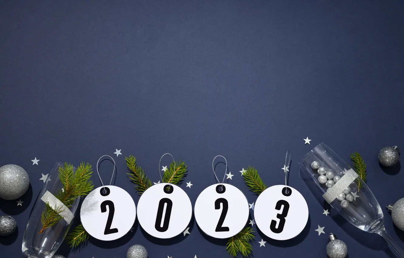 Photo wallpaper glass, balls, branches, round, silver, glass, new year, figures