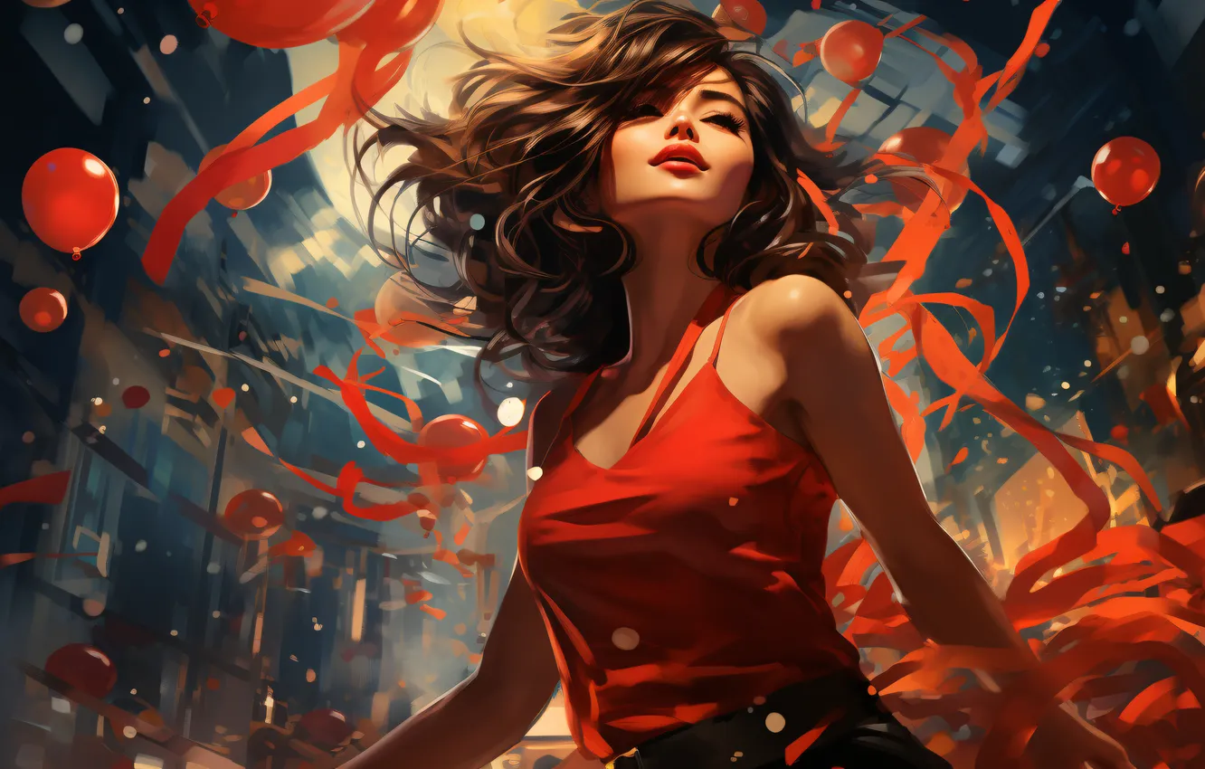 Photo wallpaper girl, joy, smile, balloons, hair, new year, Christmas, confetti