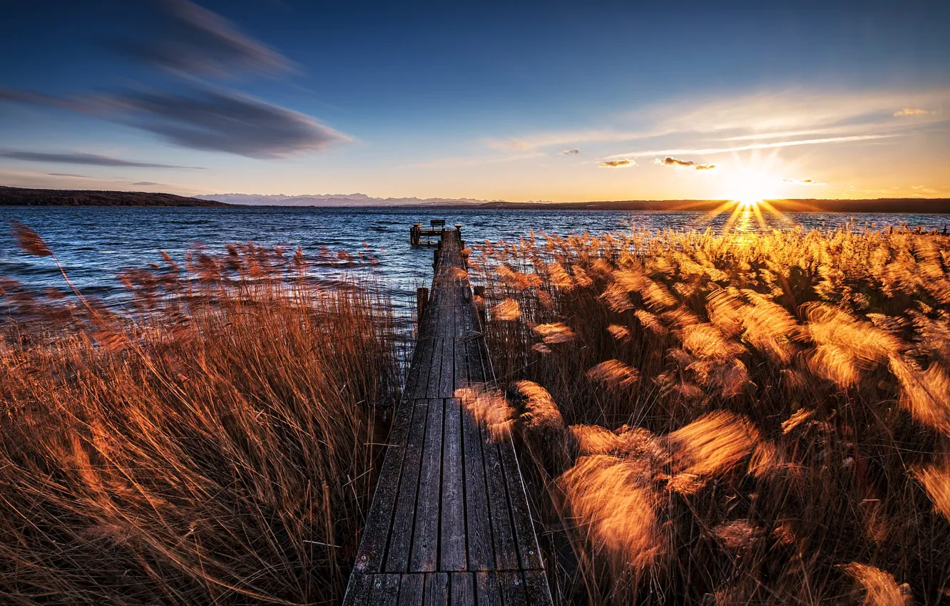 Photo wallpaper wave, the sky, the sun, rays, light, sunset, lake, river