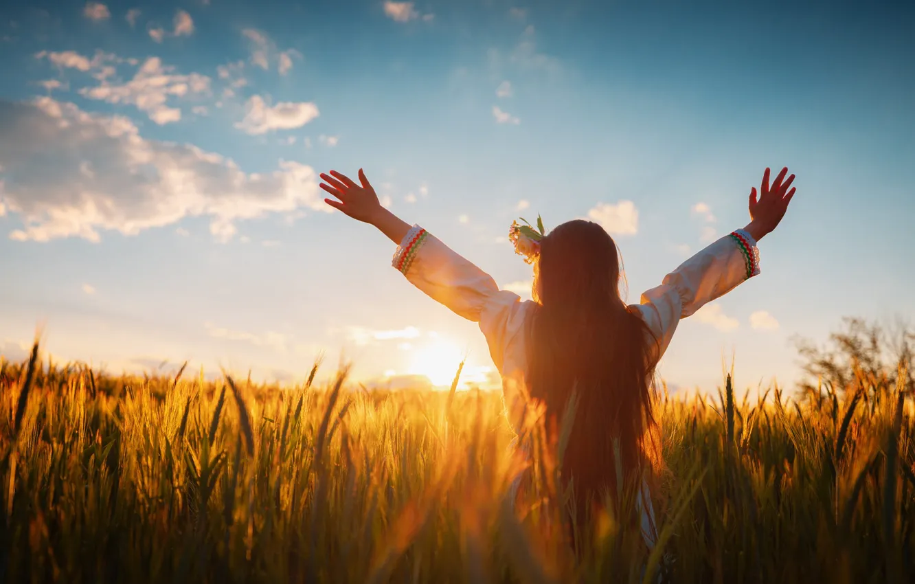 Photo wallpaper field, summer, the sun, light, flowers, nature, pose, mood