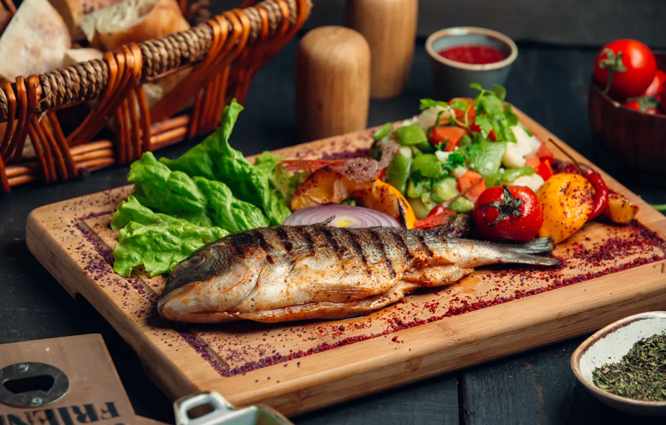 Photo wallpaper table, fish, vegetables