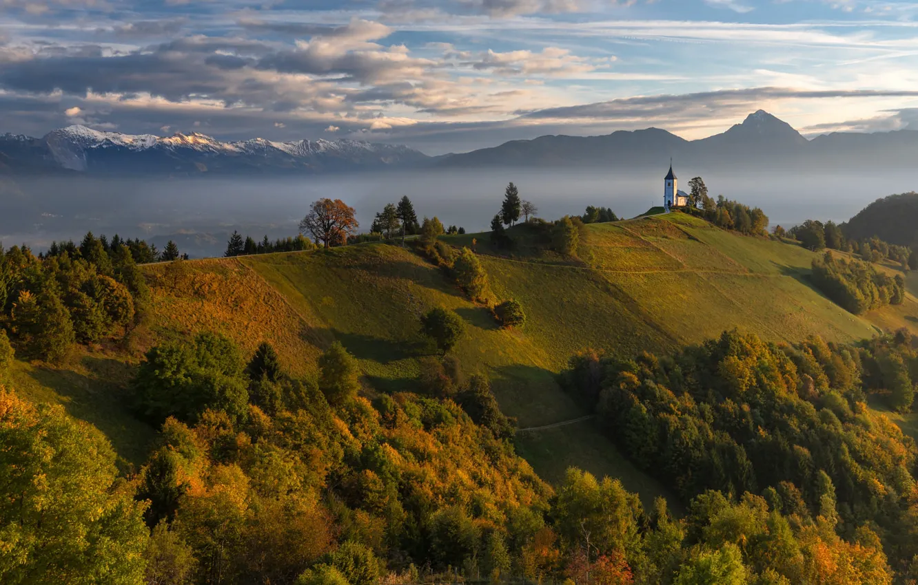 Photo wallpaper clouds, mountains, fog, hills, slope, Alps, Church