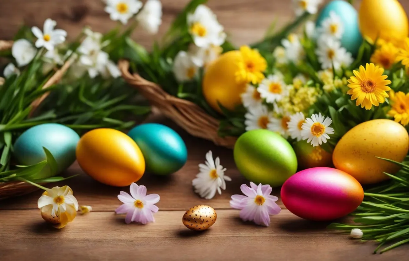 Photo wallpaper flowers, eggs, spring, colorful, Easter, flowers, spring, Easter