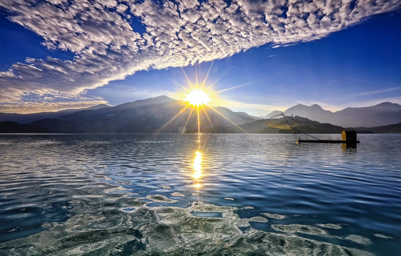 Photo wallpaper the sun, mountains, lake, dawn, boat, morning