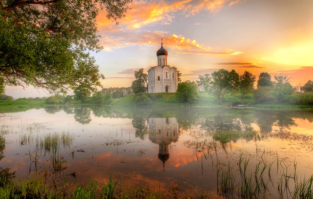 Photo wallpaper temple, Vladimir, The Nerl, summer dawn