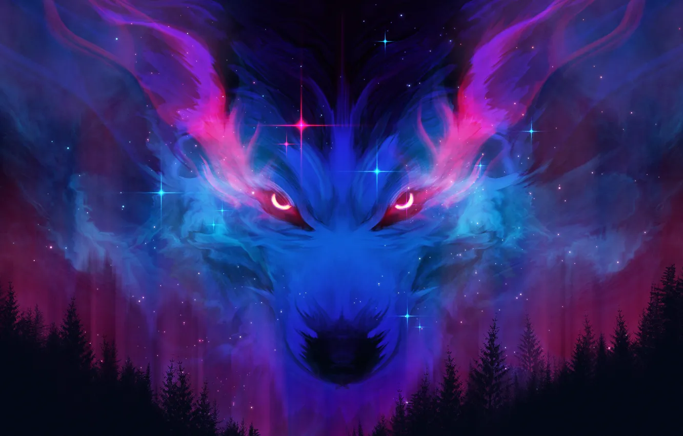 Photo wallpaper Winter, Night, Stars, Look, Forest, Eyes, Wolf, Face